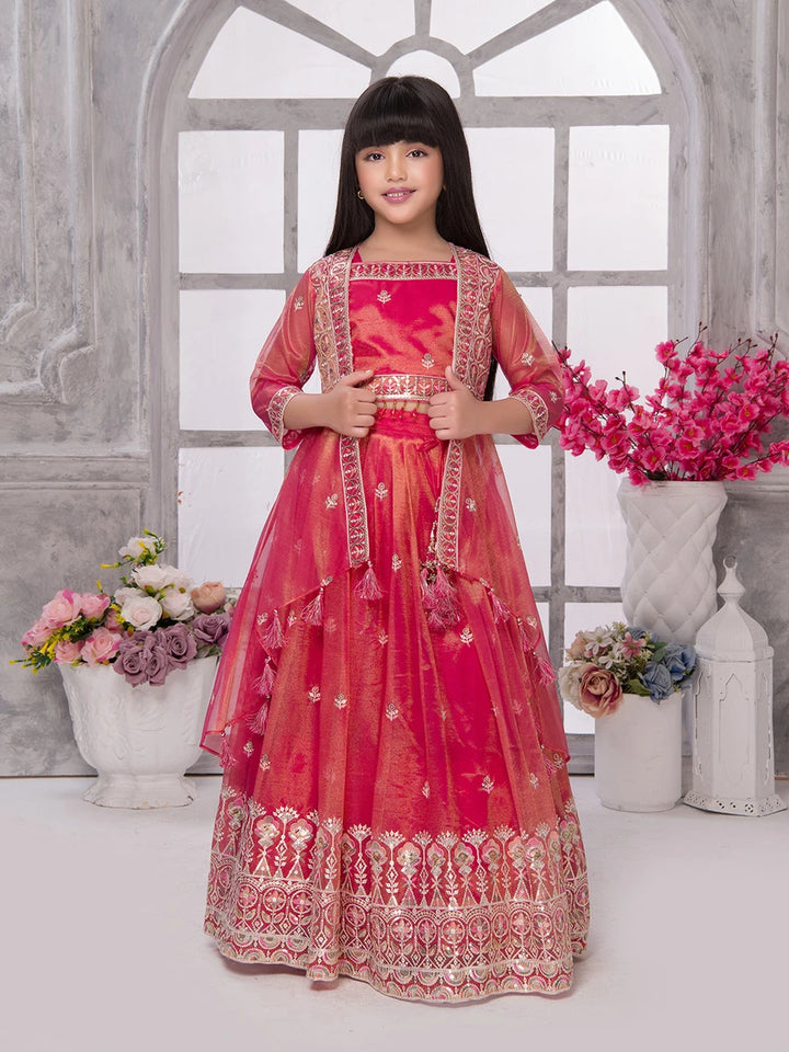 Red Tissue Lehenga Choli for Kids | Embroidered Party Wear Set