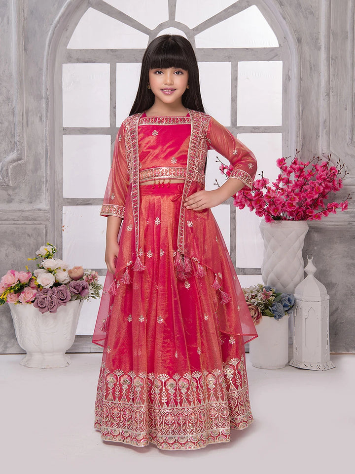Red Tissue Lehenga Choli for Kids | Embroidered Party Wear Set