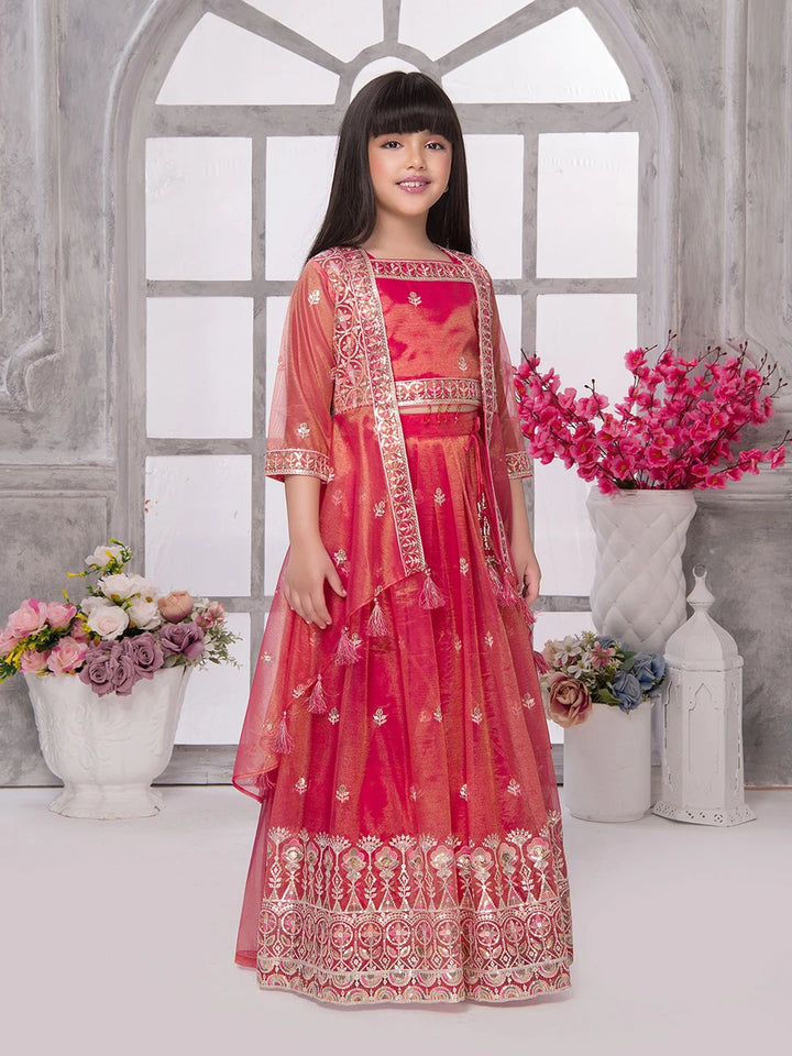 Red Tissue Lehenga Choli for Kids | Embroidered Party Wear Set