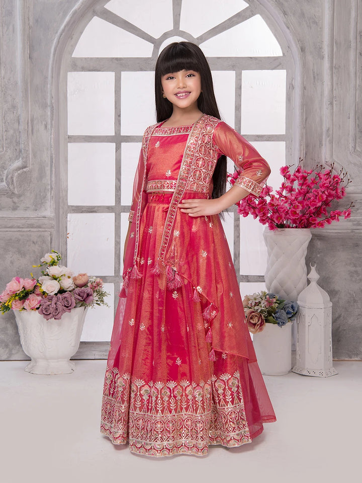 Red Tissue Lehenga Choli for Kids | Embroidered Party Wear Set
