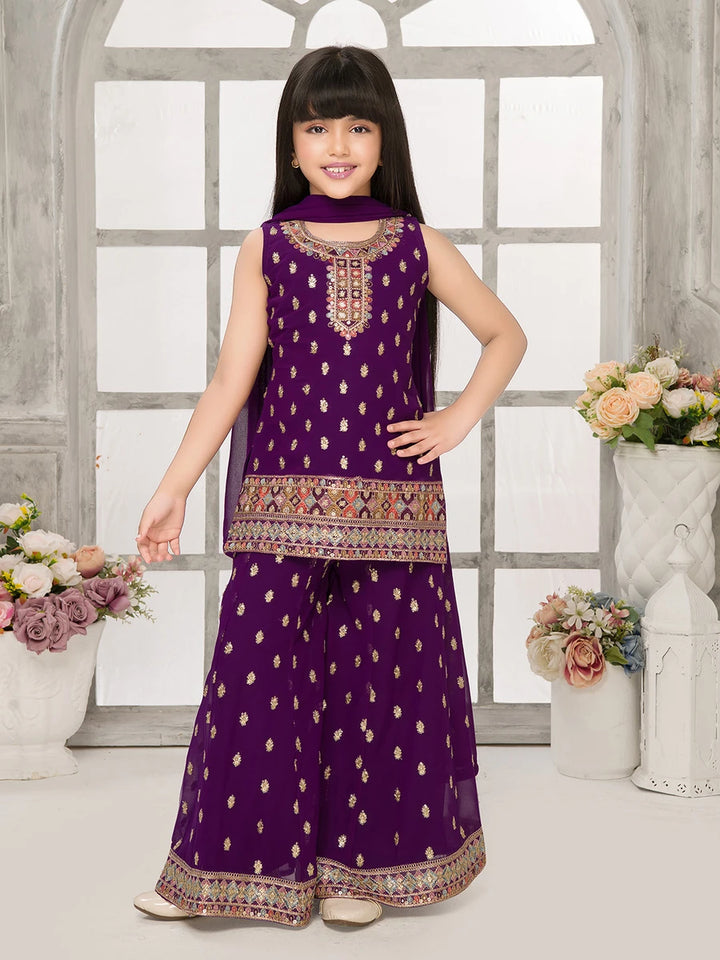 Purple Palazzo Set | Sequin Embroidery with Dupatta for Girls