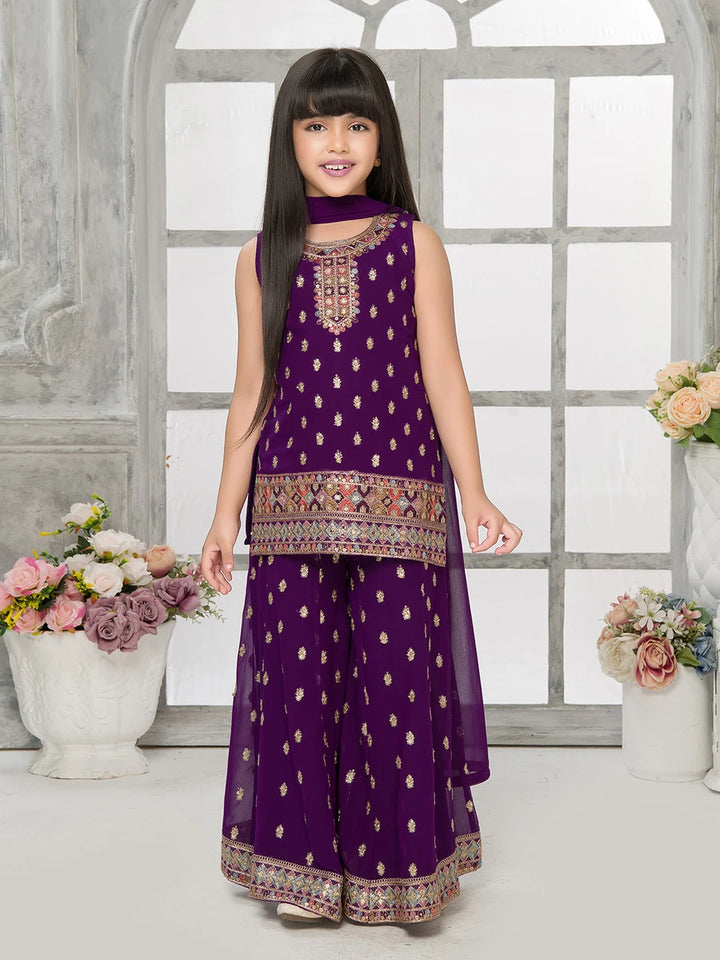 Purple Palazzo Set | Sequin Embroidery with Dupatta for Girls