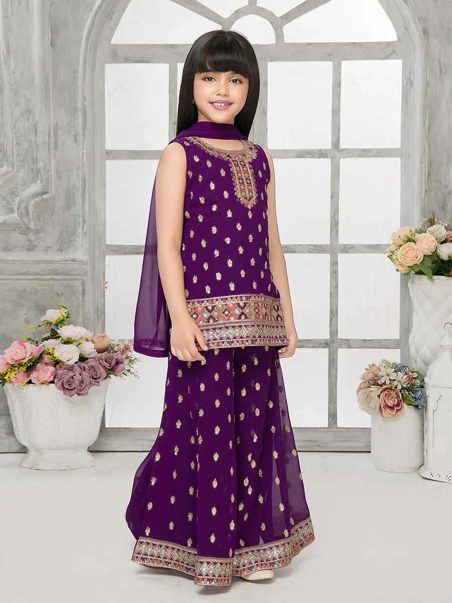 Purple Palazzo Set | Sequin Embroidery with Dupatta for Girls