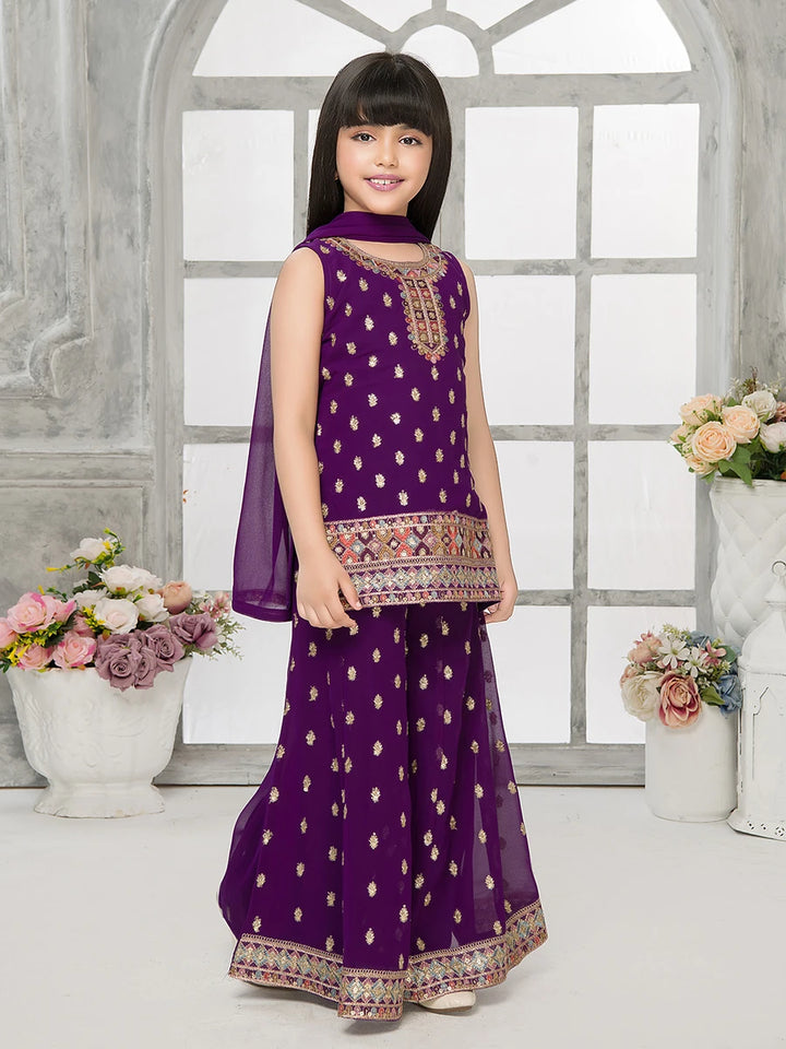 Purple Palazzo Set | Sequin Embroidery with Dupatta for Girls