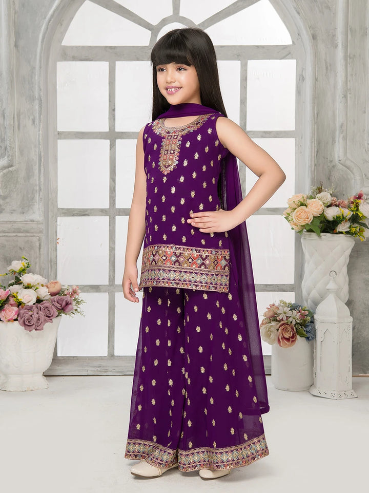 Purple Palazzo Set | Sequin Embroidery with Dupatta for Girls
