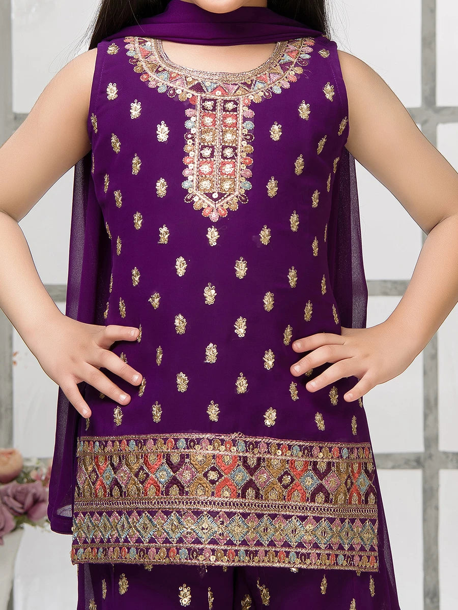 Purple Palazzo Set | Sequin Embroidery with Dupatta for Girls