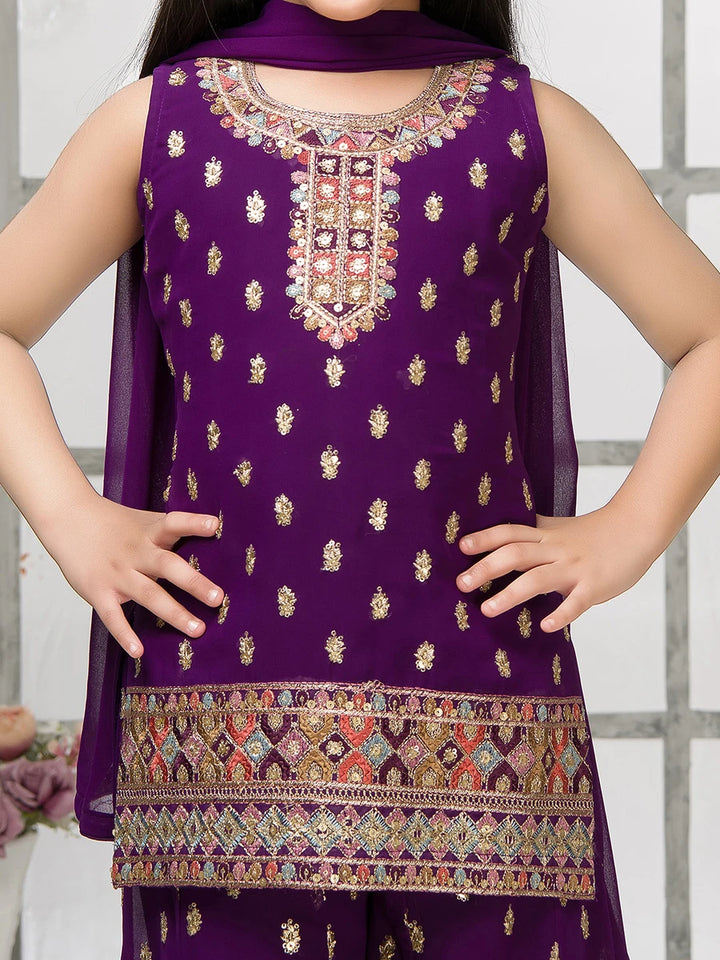 Purple Palazzo Set | Sequin Embroidery with Dupatta for Girls