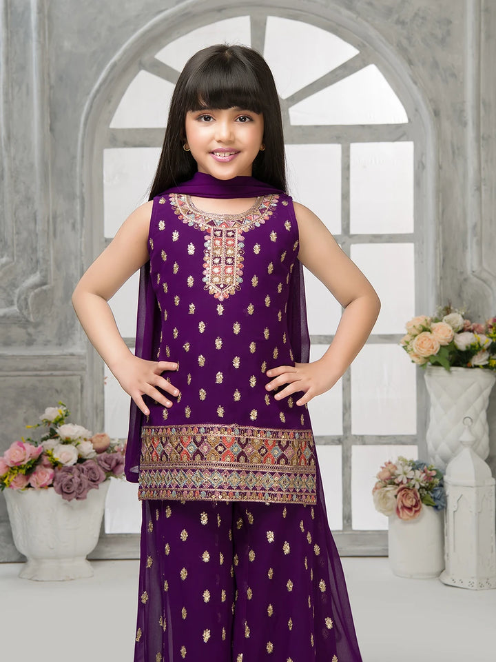 Purple Palazzo Set | Sequin Embroidery with Dupatta for Girls