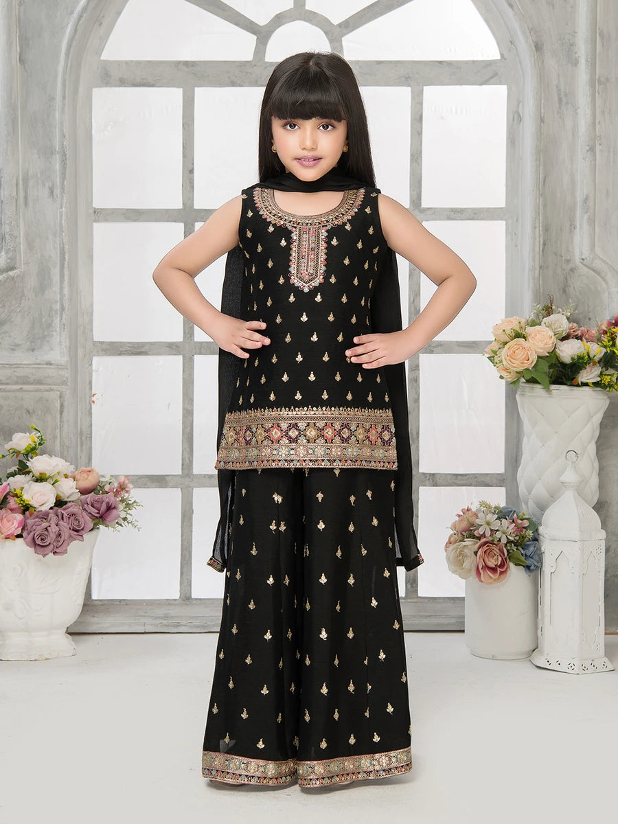 Black Embroidered Palazzo Set for Girls | Chinon Fabric with Stylish Look