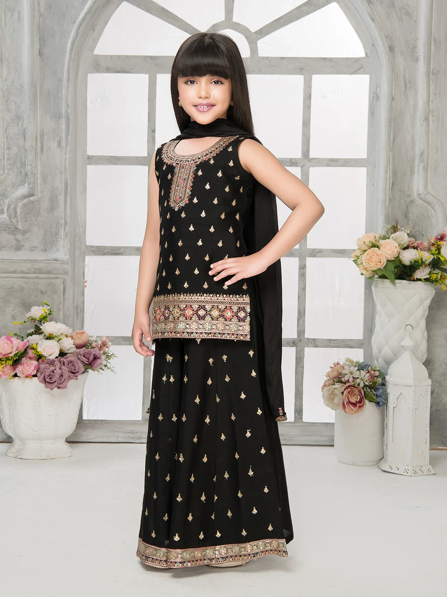 Black Embroidered Palazzo Set for Girls | Chinon Fabric with Stylish Look