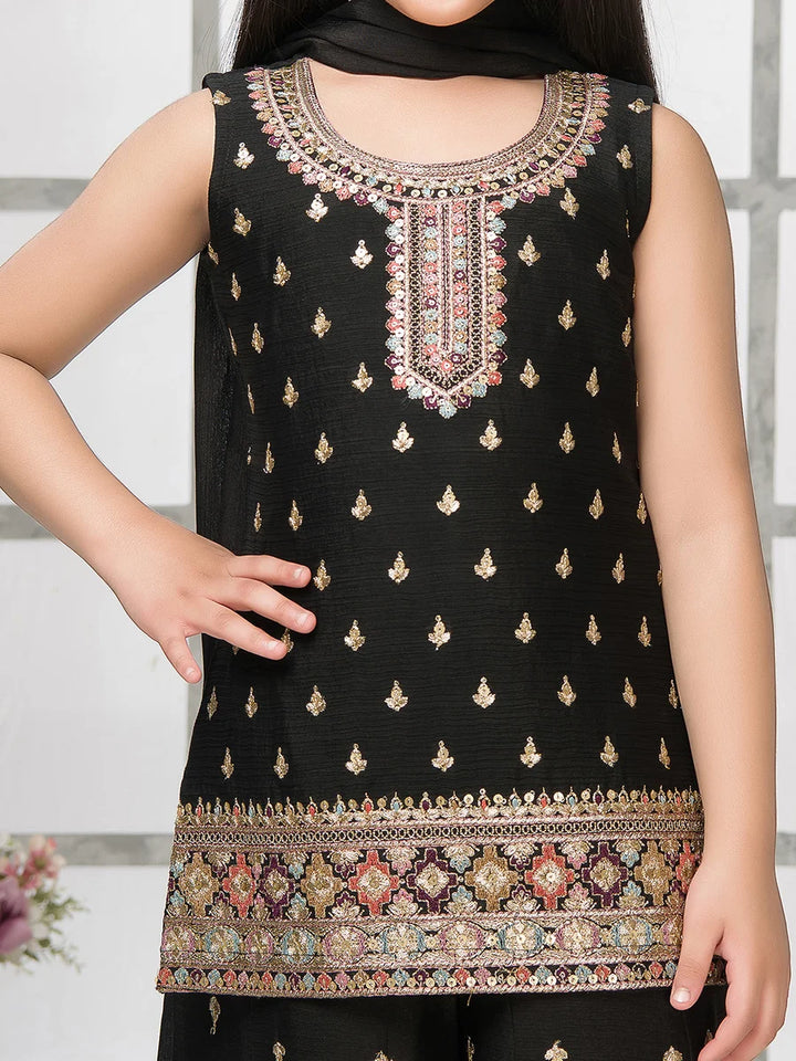 Black Embroidered Palazzo Set for Girls | Chinon Fabric with Stylish Look