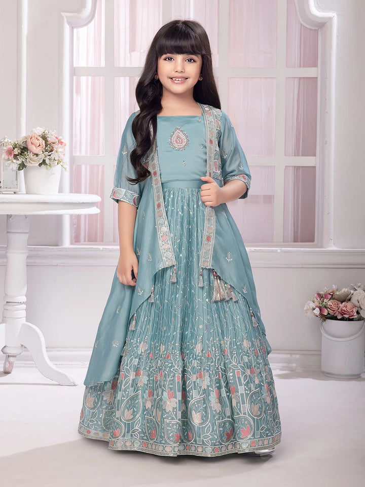 Festive Lehenga Choli With Jacket | Light Green Printed & Embroidered