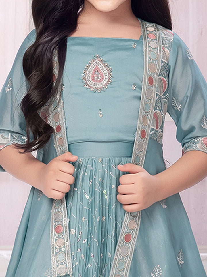 Festive Lehenga Choli With Jacket | Light Green Printed & Embroidered