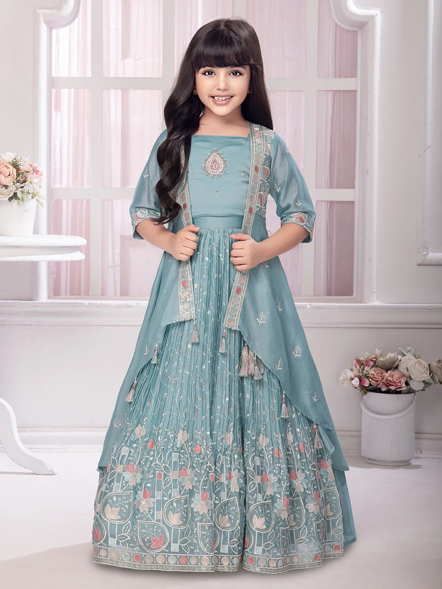 Festive Lehenga Choli With Jacket | Light Green Printed & Embroidered