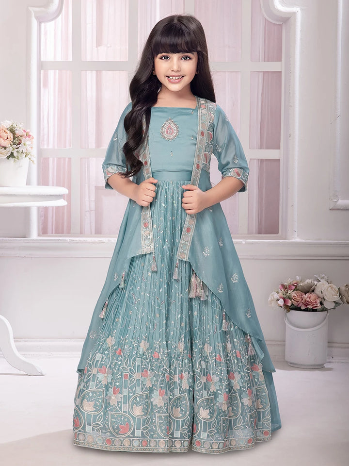 Festive Lehenga Choli With Jacket | Light Green Printed & Embroidered