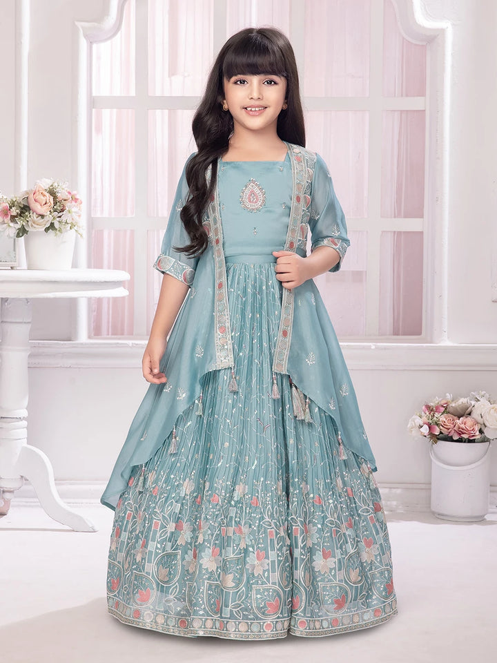 Festive Lehenga Choli With Jacket | Light Green Printed & Embroidered