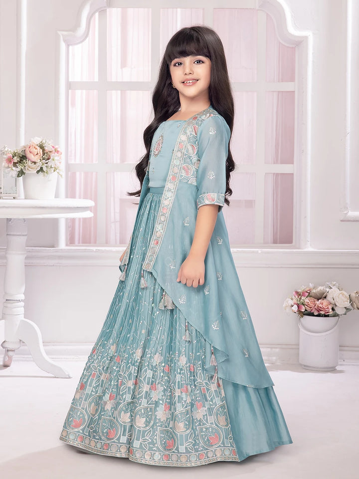 Festive Lehenga Choli With Jacket | Light Green Printed & Embroidered