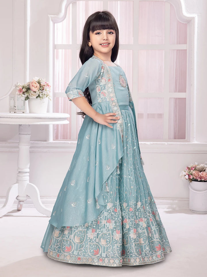 Festive Lehenga Choli With Jacket | Light Green Printed & Embroidered