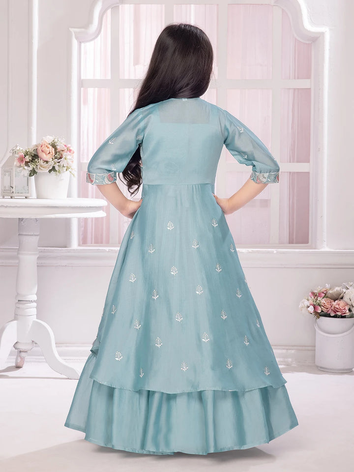 Festive Lehenga Choli With Jacket | Light Green Printed & Embroidered