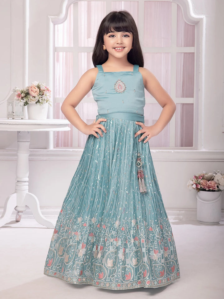 Festive Lehenga Choli With Jacket | Light Green Printed & Embroidered
