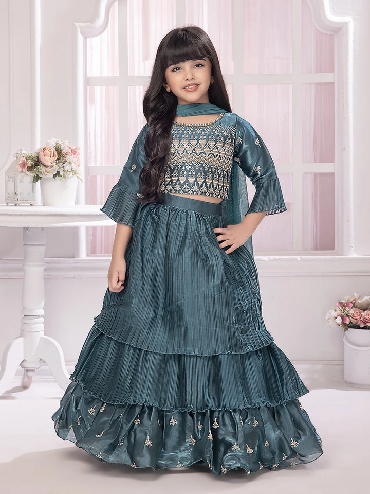 Exquisite Teal Satin Lehenga | Designer Blouse with Embroidery Work