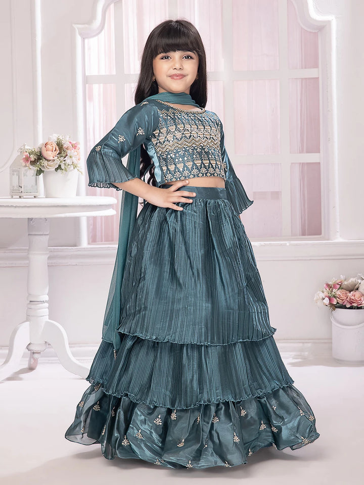Exquisite Teal Satin Lehenga | Designer Blouse with Embroidery Work