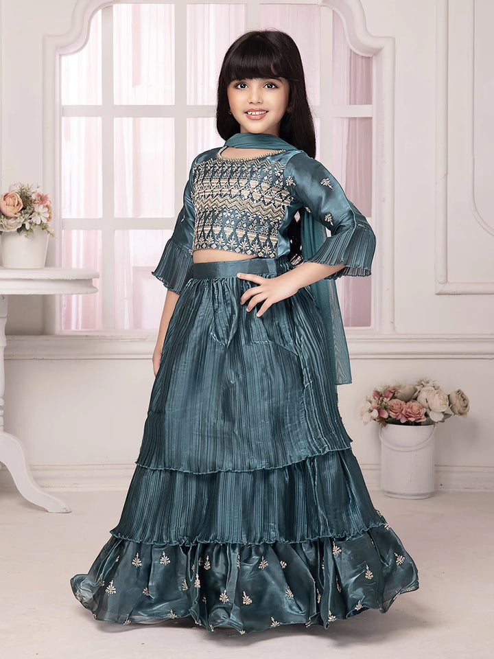 Exquisite Teal Satin Lehenga | Designer Blouse with Embroidery Work