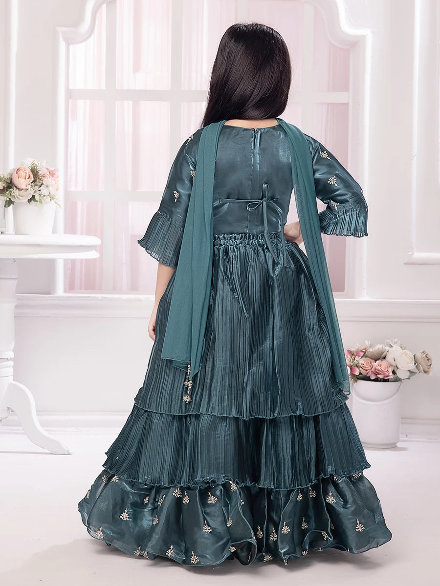 Exquisite Teal Satin Lehenga | Designer Blouse with Embroidery Work