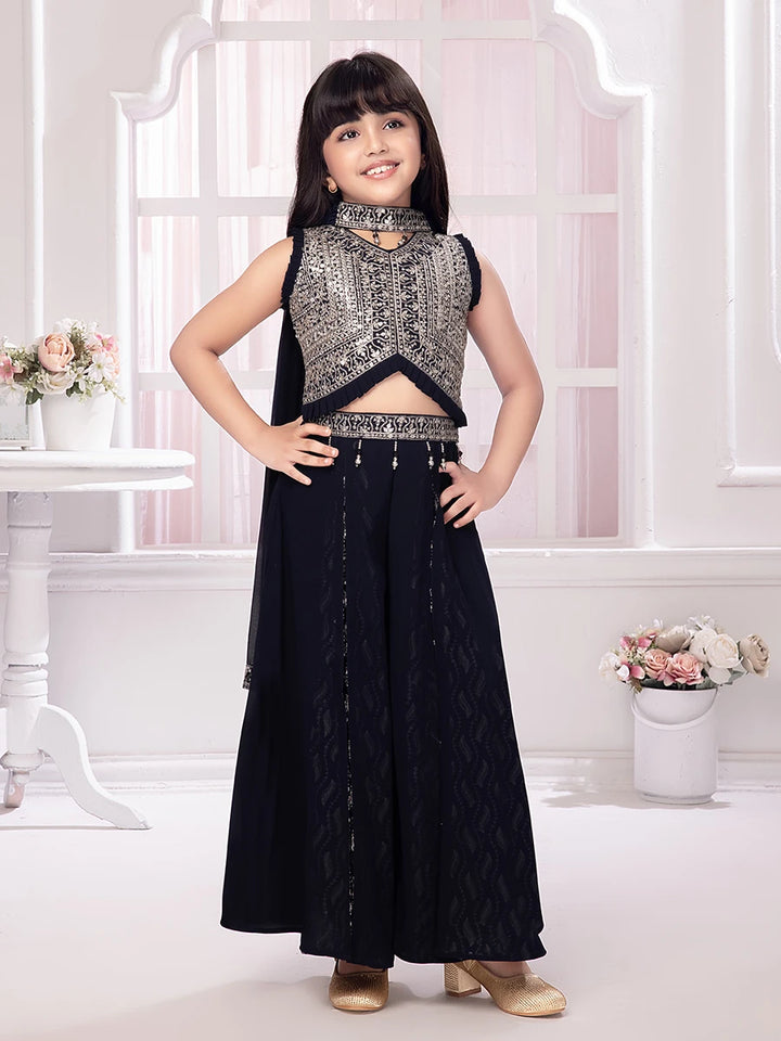 Navy Georgette Palazzo Suit | Sequin Embroidered Party Wear Dress
