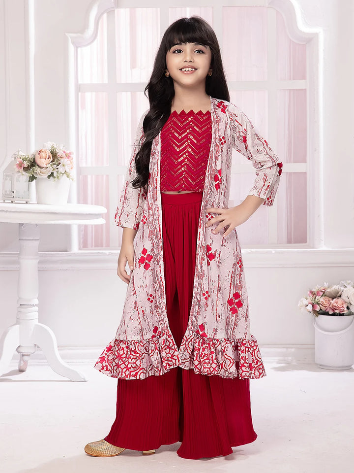 Bright Pink Party Wear Palazzo Suit | Long Jacket with Printed Design