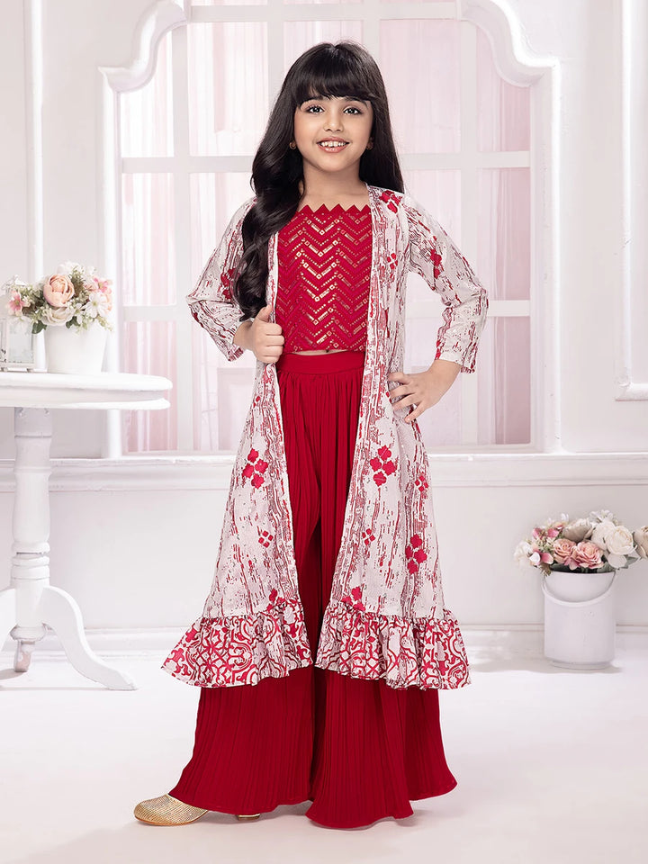 Bright Pink Party Wear Palazzo Suit | Long Jacket with Printed Design