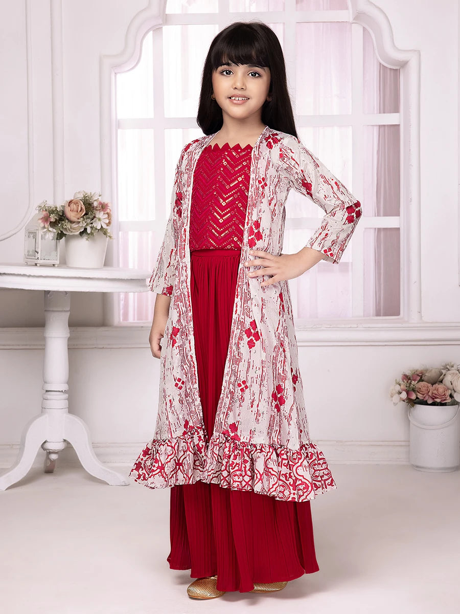 Bright Pink Party Wear Palazzo Suit | Long Jacket with Printed Design