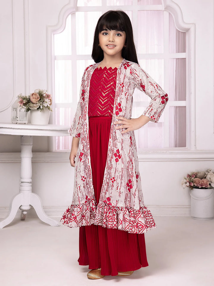 Bright Pink Party Wear Palazzo Suit | Long Jacket with Printed Design