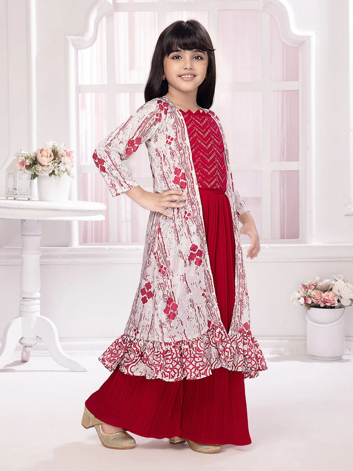 Bright Pink Party Wear Palazzo Suit | Long Jacket with Printed Design