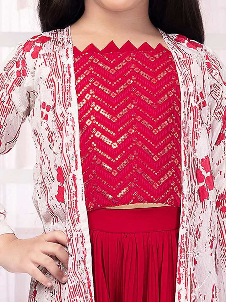 Bright Pink Party Wear Palazzo Suit | Long Jacket with Printed Design