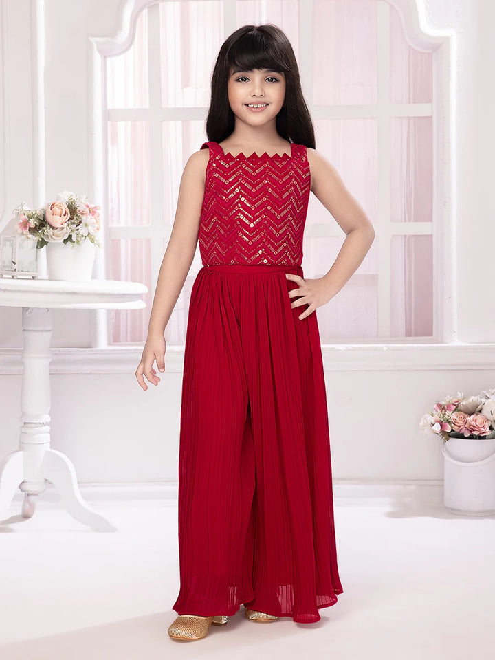 Bright Pink Party Wear Palazzo Suit | Long Jacket with Printed Design