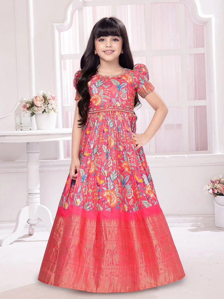 Stylish Rani Pink Gown | Printed & Embroidered for Party Wear