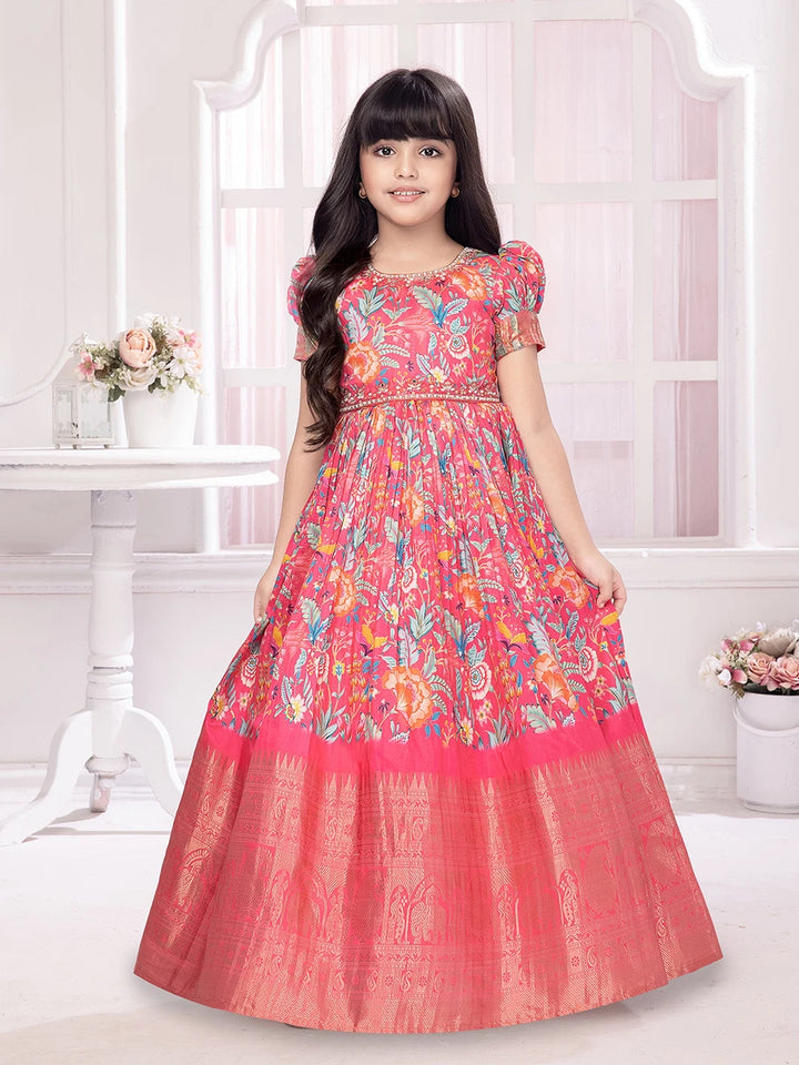 Stylish Rani Pink Gown | Printed & Embroidered for Party Wear