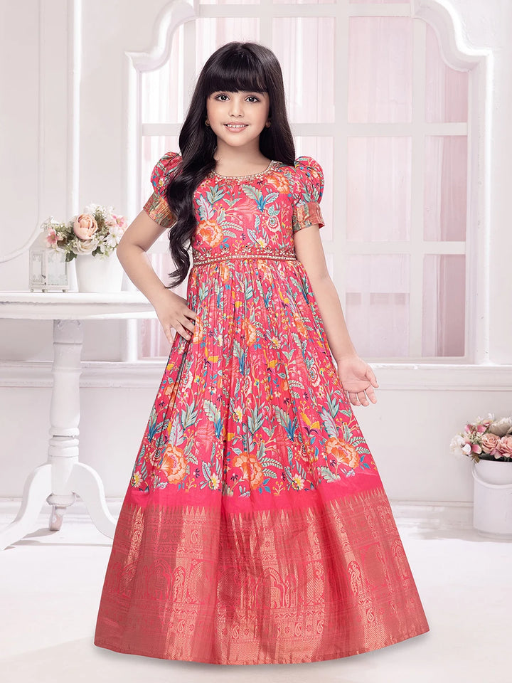 Stylish Rani Pink Gown | Printed & Embroidered for Party Wear