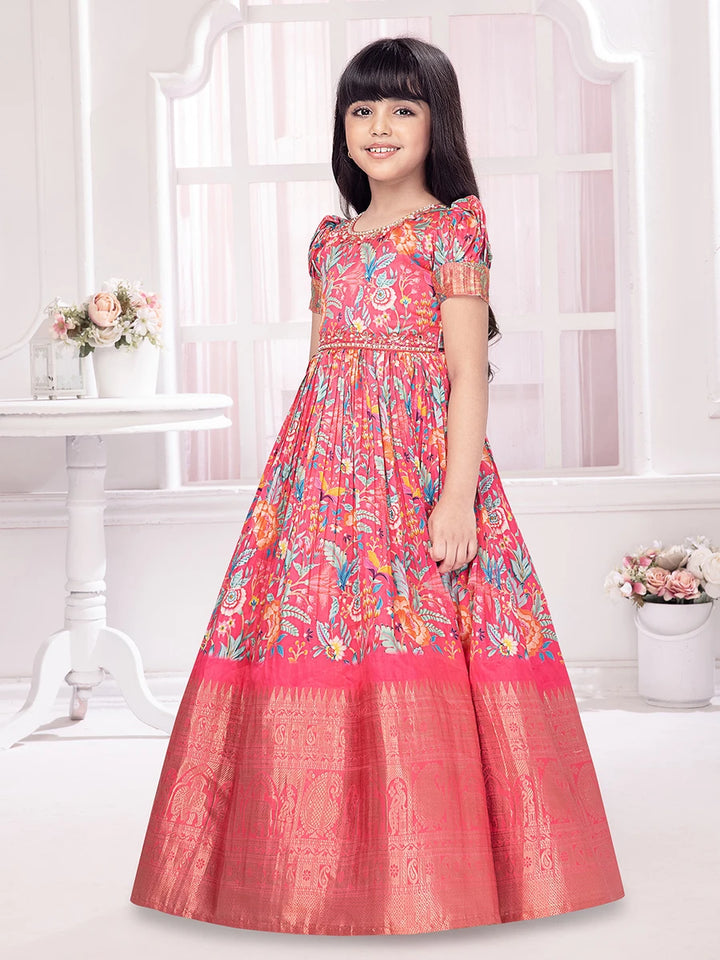 Stylish Rani Pink Gown | Printed & Embroidered for Party Wear