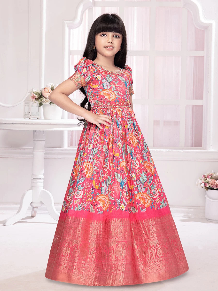 Stylish Rani Pink Gown | Printed & Embroidered for Party Wear