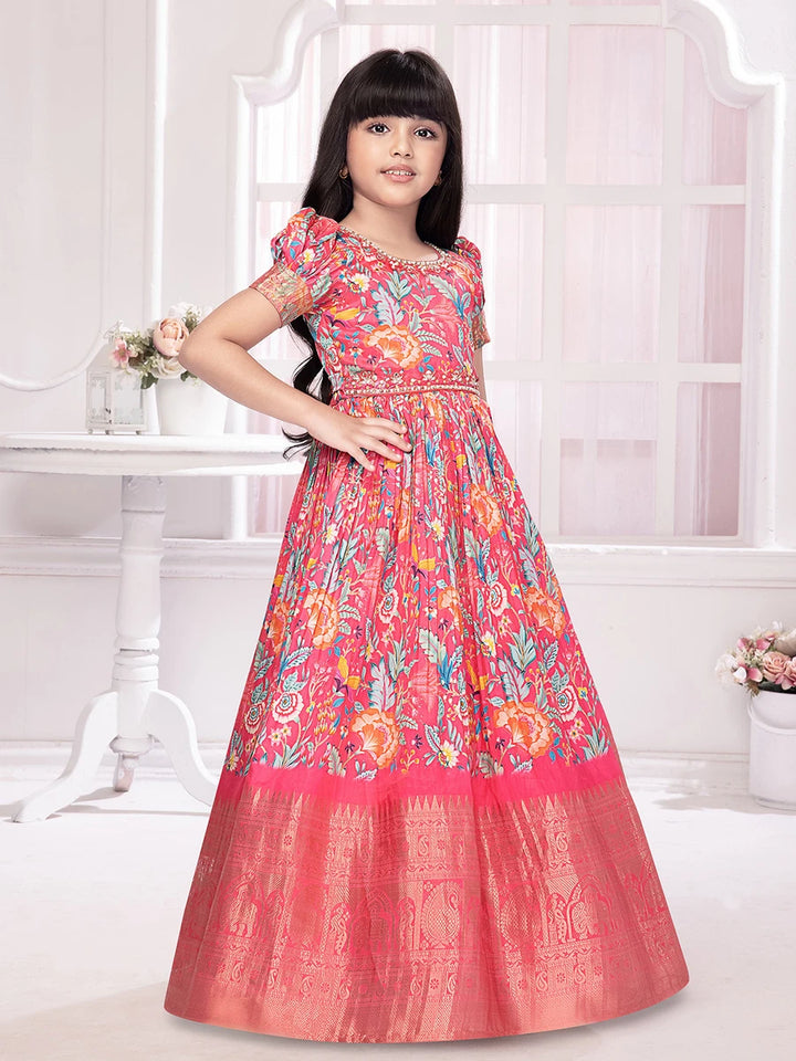 Stylish Rani Pink Gown | Printed & Embroidered for Party Wear