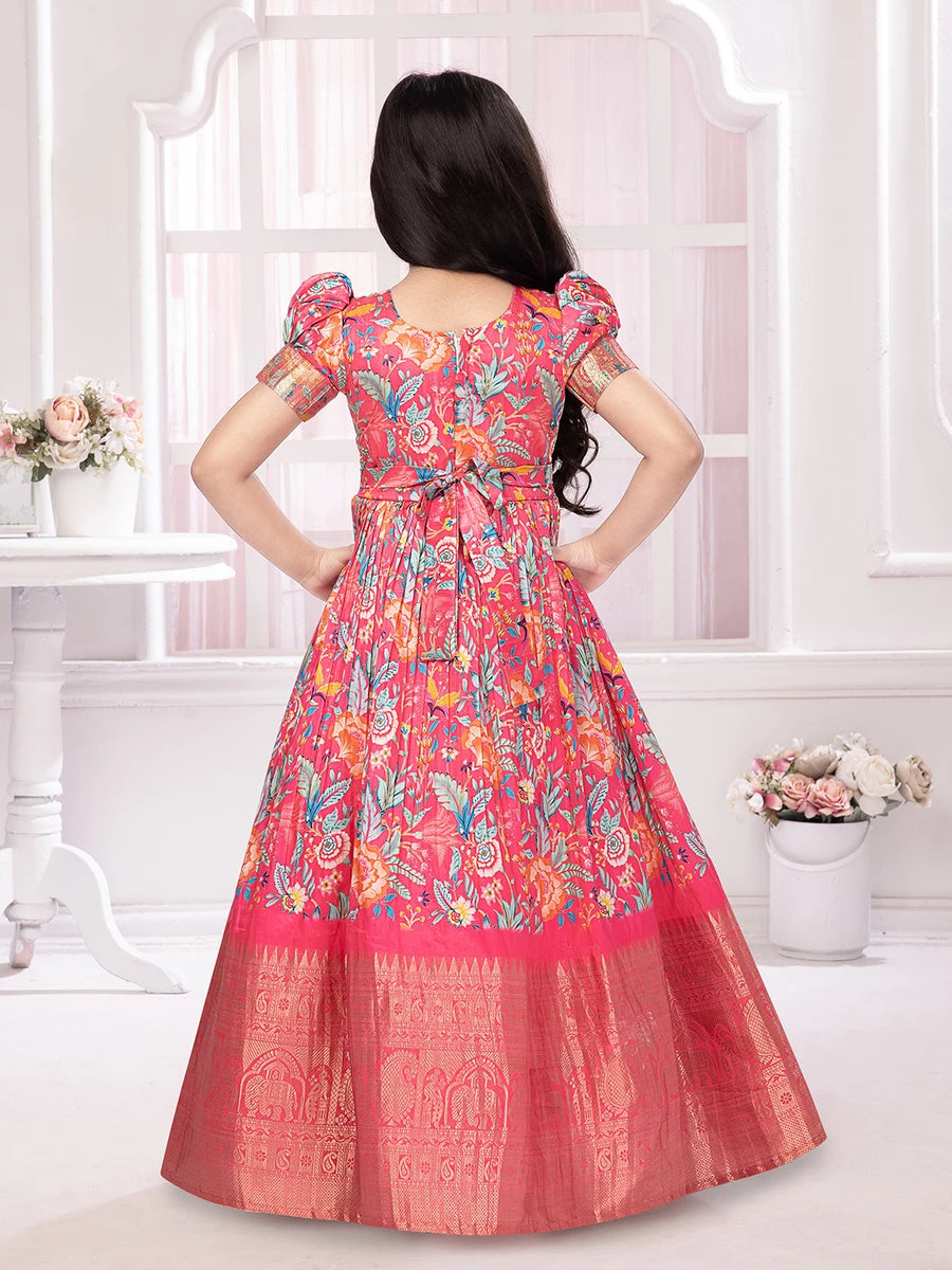 Stylish Rani Pink Gown | Printed & Embroidered for Party Wear