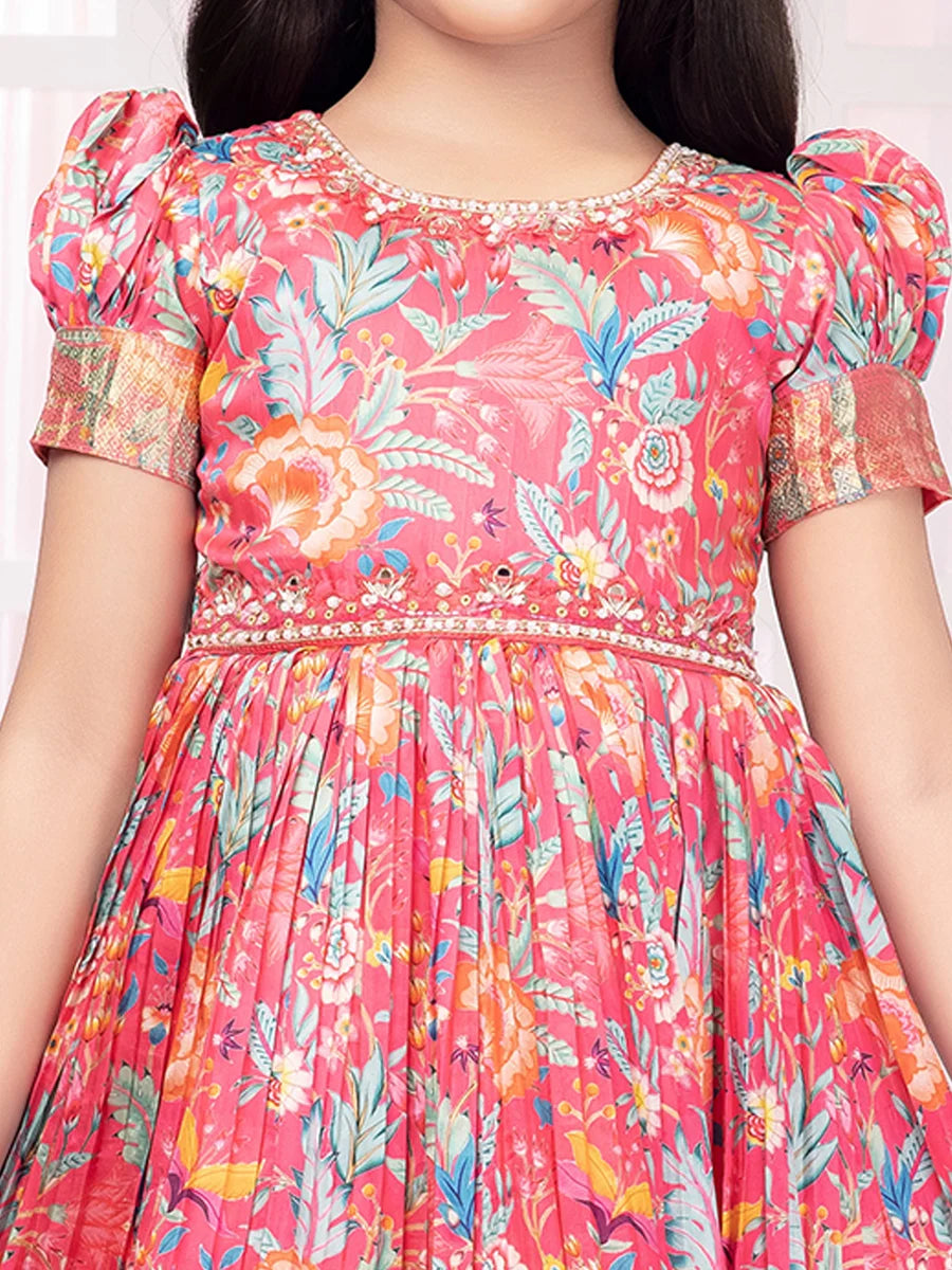 Stylish Rani Pink Gown | Printed & Embroidered for Party Wear