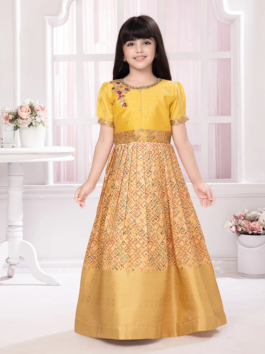 Yellow Polyester Anarkali Gown | Traditional Printed Dress