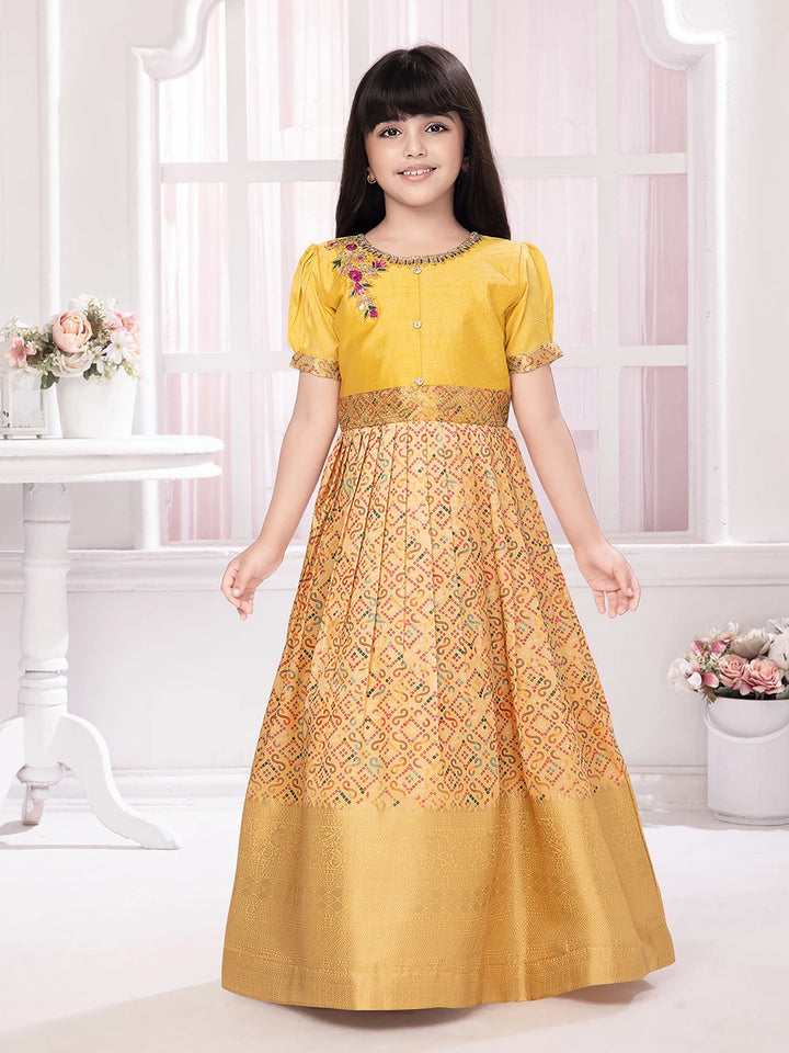 Yellow Polyester Anarkali Gown | Traditional Printed Dress