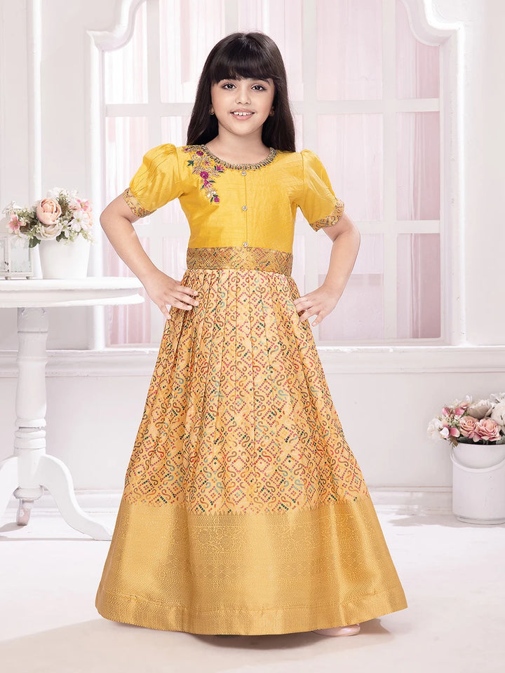 Yellow Polyester Anarkali Gown | Traditional Printed Dress