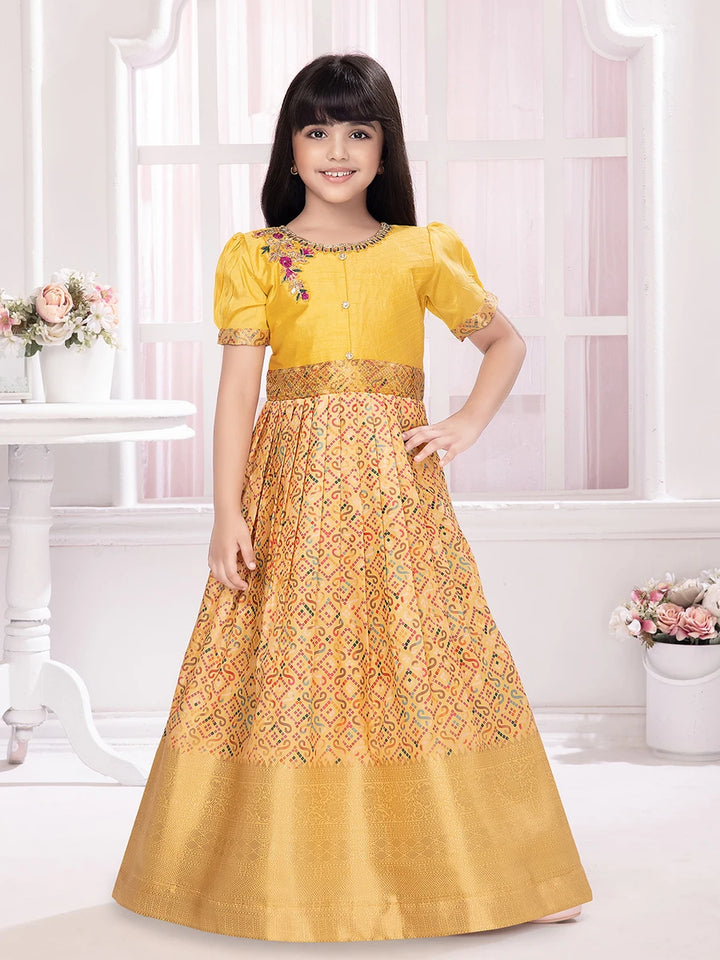 Yellow Polyester Anarkali Gown | Traditional Printed Dress