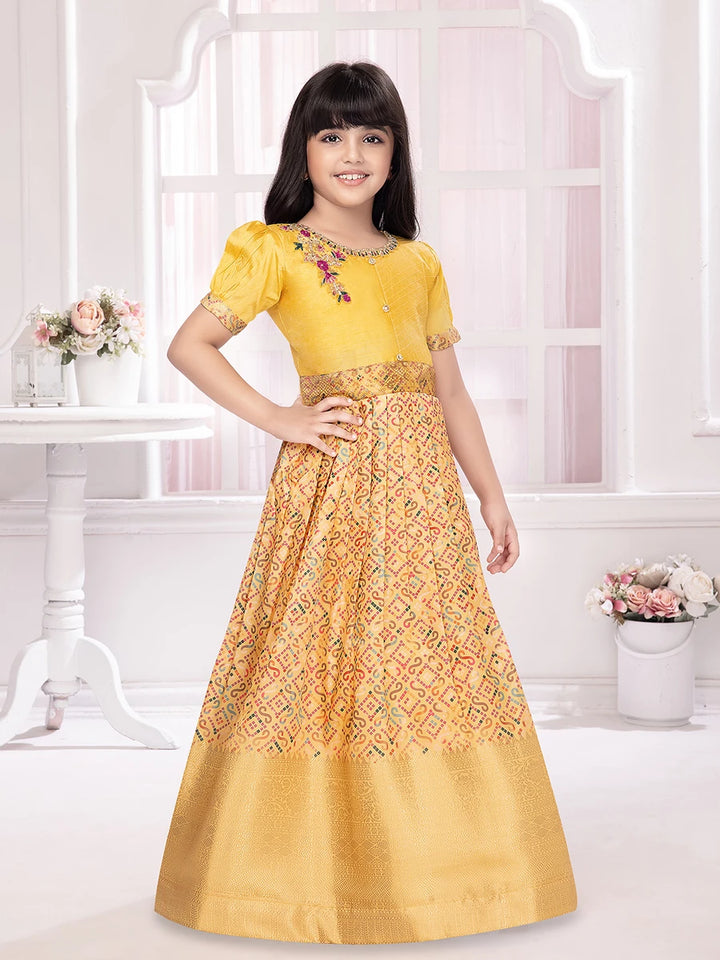 Yellow Polyester Anarkali Gown | Traditional Printed Dress
