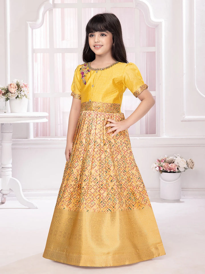 Yellow Polyester Anarkali Gown | Traditional Printed Dress